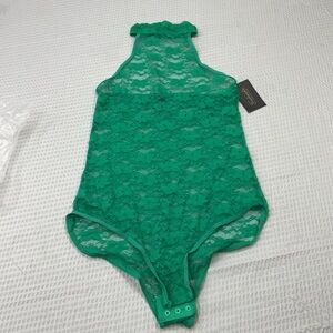 Green Lace Halter Sheer Bodysuit Medium Snap